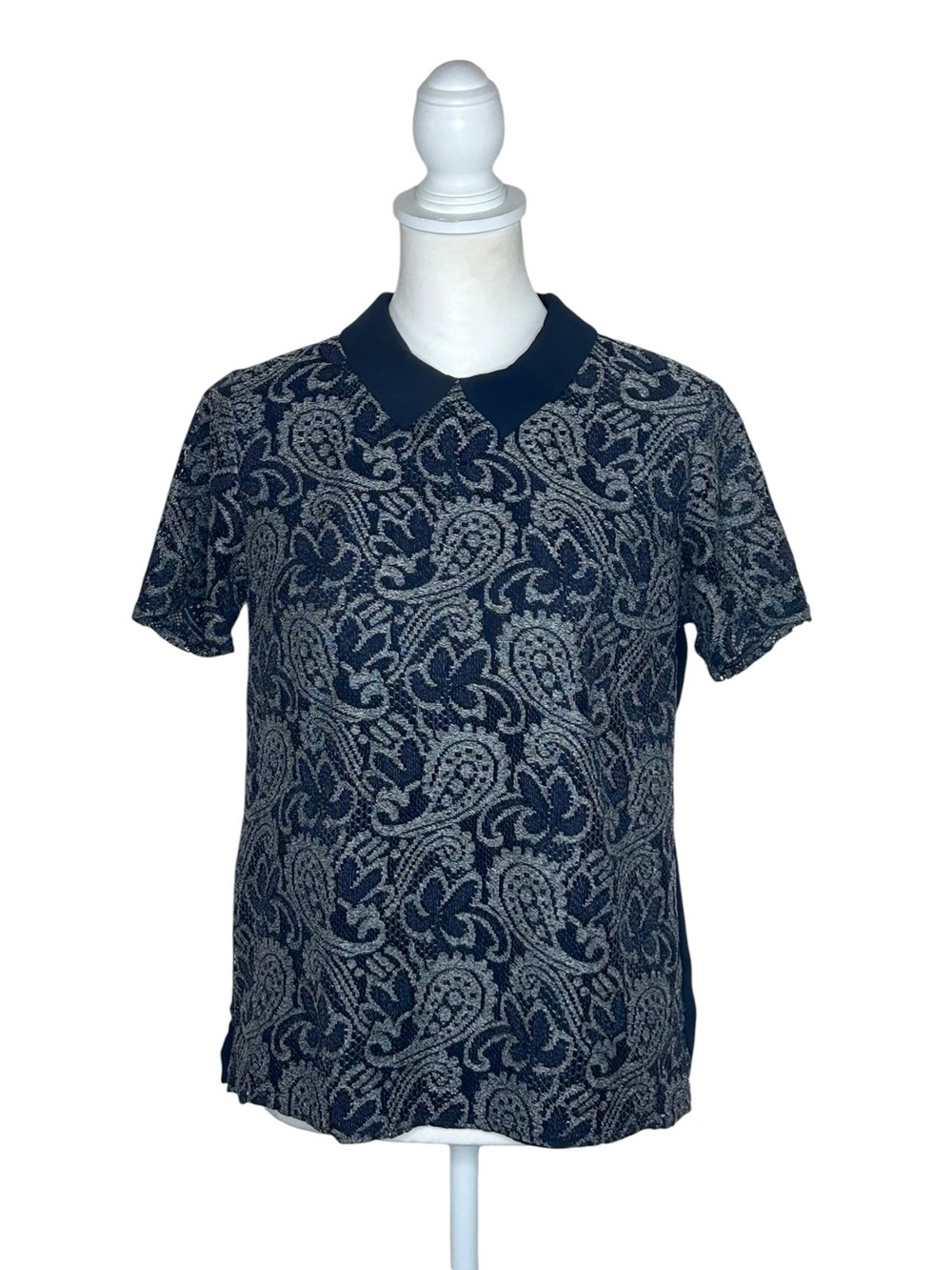 Banana Republic Gray Paisley Lace Overlay Navy Top Sz S EUC Dark Academia